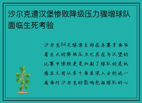 沙尔克遭汉堡惨败降级压力骤增球队面临生死考验