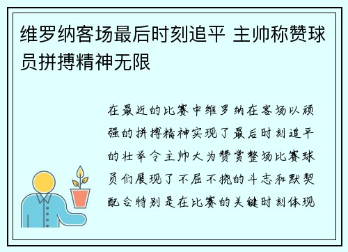维罗纳客场最后时刻追平 主帅称赞球员拼搏精神无限