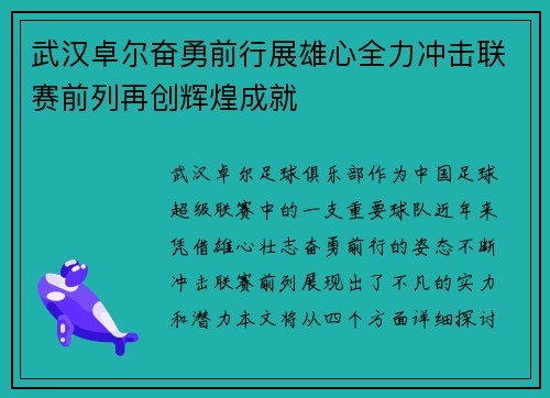 武汉卓尔奋勇前行展雄心全力冲击联赛前列再创辉煌成就