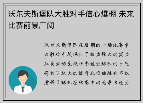 沃尔夫斯堡队大胜对手信心爆棚 未来比赛前景广阔