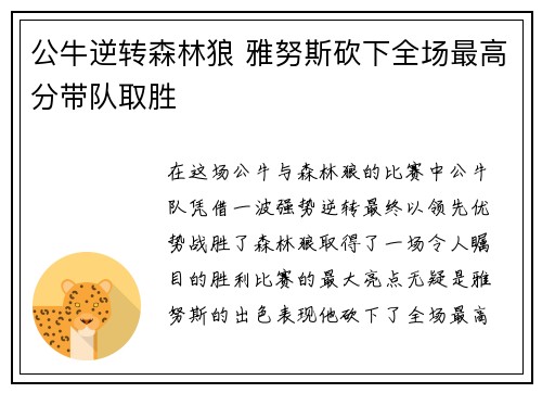 公牛逆转森林狼 雅努斯砍下全场最高分带队取胜