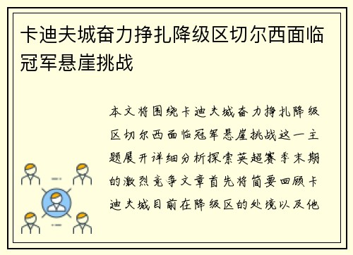 卡迪夫城奋力挣扎降级区切尔西面临冠军悬崖挑战