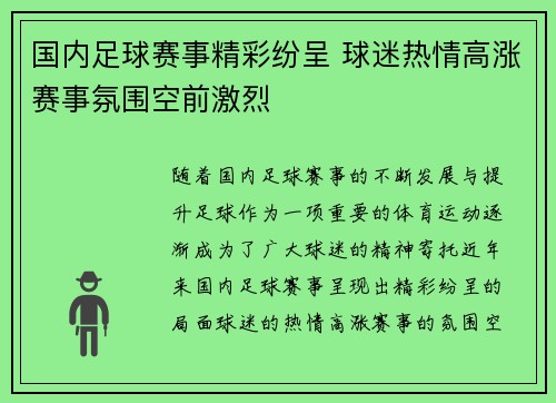 国内足球赛事精彩纷呈 球迷热情高涨赛事氛围空前激烈