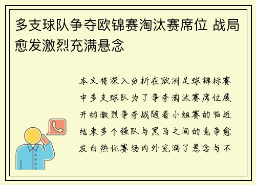 多支球队争夺欧锦赛淘汰赛席位 战局愈发激烈充满悬念