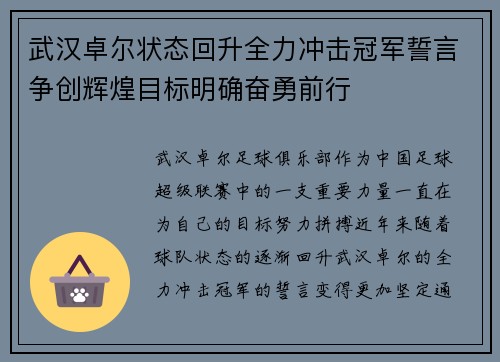 武汉卓尔状态回升全力冲击冠军誓言争创辉煌目标明确奋勇前行