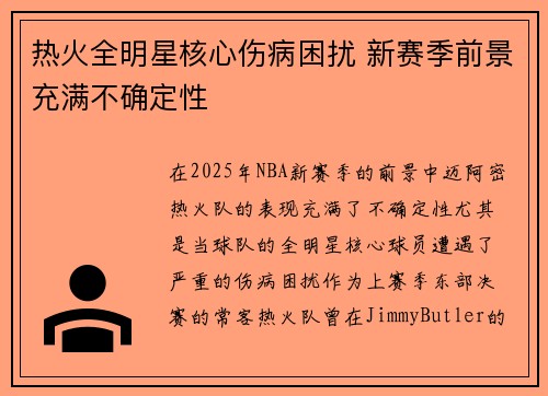 热火全明星核心伤病困扰 新赛季前景充满不确定性