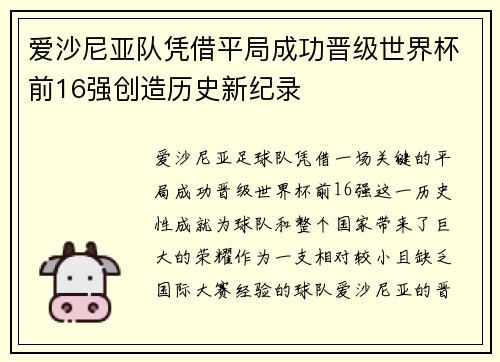 爱沙尼亚队凭借平局成功晋级世界杯前16强创造历史新纪录