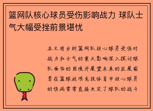 篮网队核心球员受伤影响战力 球队士气大幅受挫前景堪忧