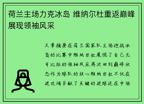 荷兰主场力克冰岛 维纳尔杜重返巅峰展现领袖风采