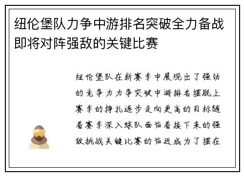 纽伦堡队力争中游排名突破全力备战即将对阵强敌的关键比赛