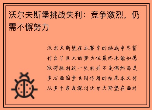 沃尔夫斯堡挑战失利：竞争激烈，仍需不懈努力