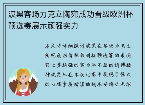 波黑客场力克立陶宛成功晋级欧洲杯预选赛展示顽强实力