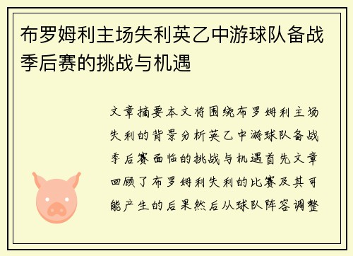 布罗姆利主场失利英乙中游球队备战季后赛的挑战与机遇