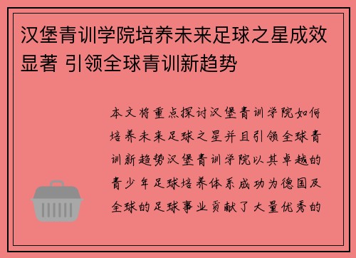 汉堡青训学院培养未来足球之星成效显著 引领全球青训新趋势